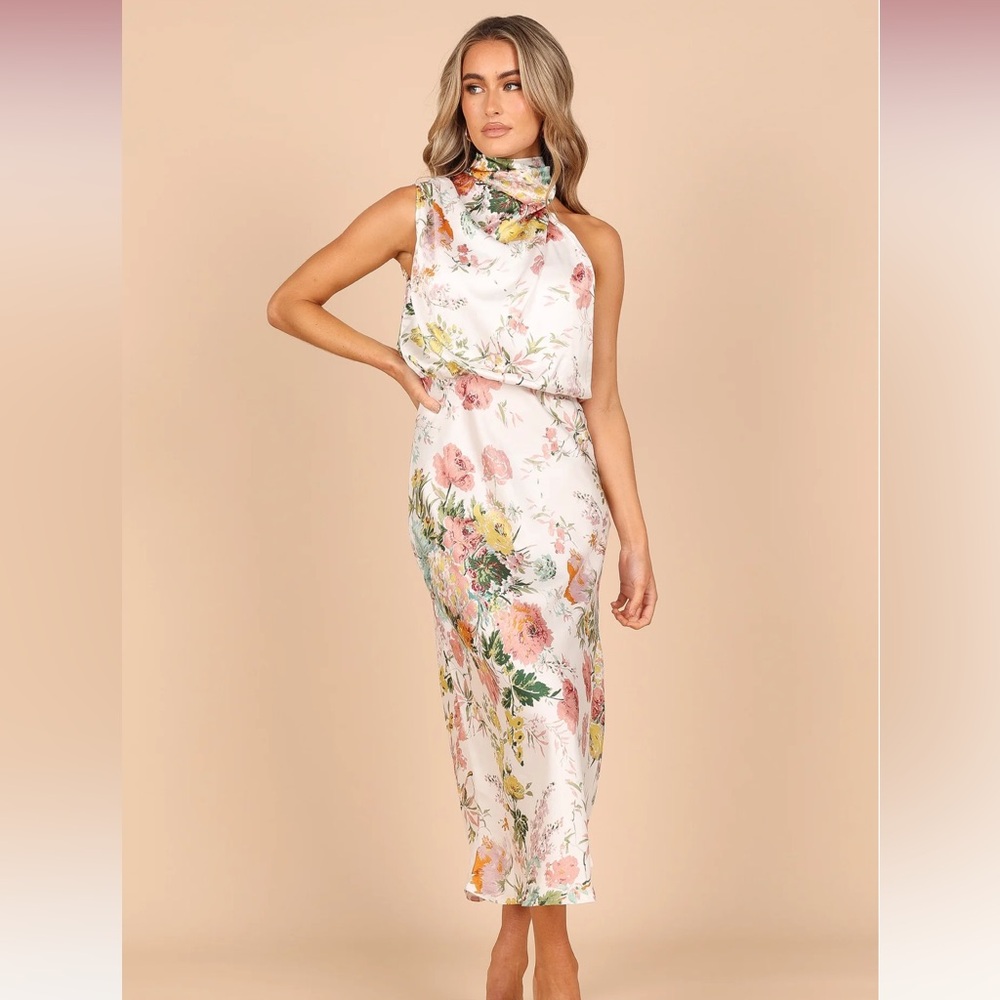 PETAL & PUP ANABELLE HALTER NECK MIDI DRESS - White FLORAL Size S
